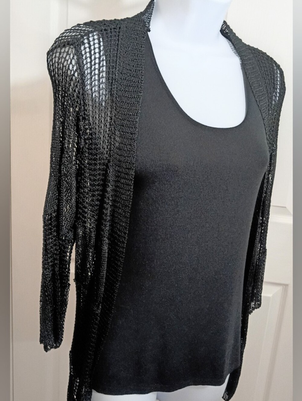 Indira Black Crochet Open-Front Cardigan – Size Small